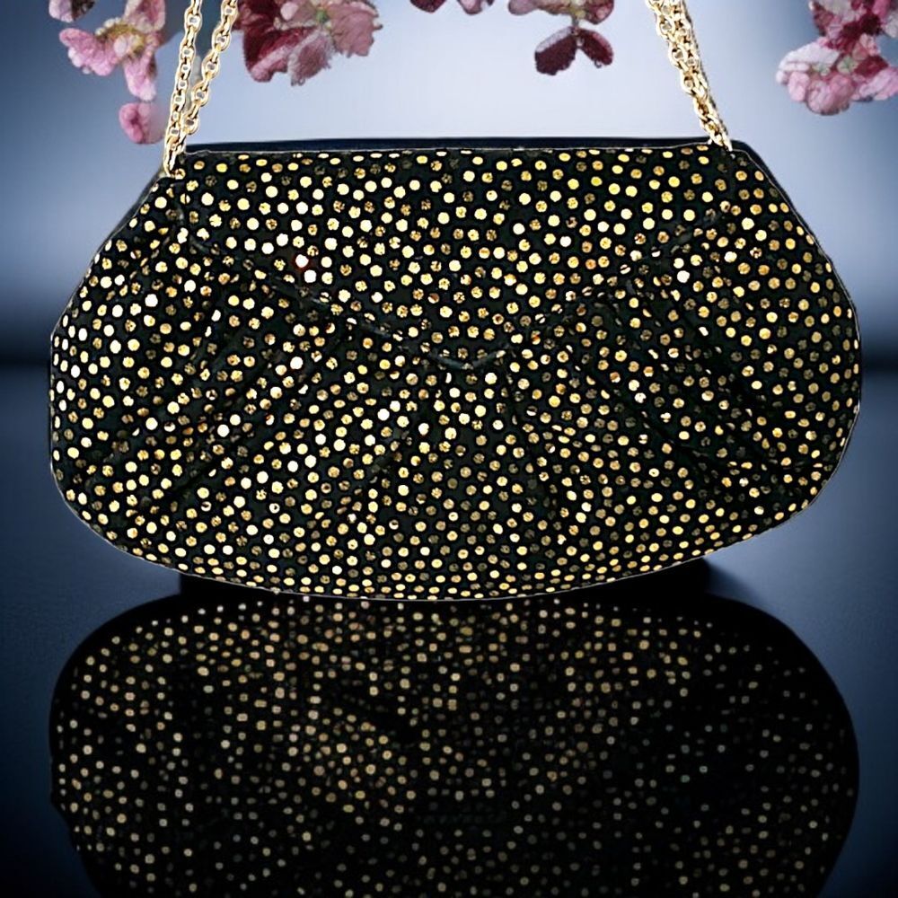 Lauren Merkin Suede Bag Black Gold Metallic Dots Chain Strap‎ Evening Baguette.